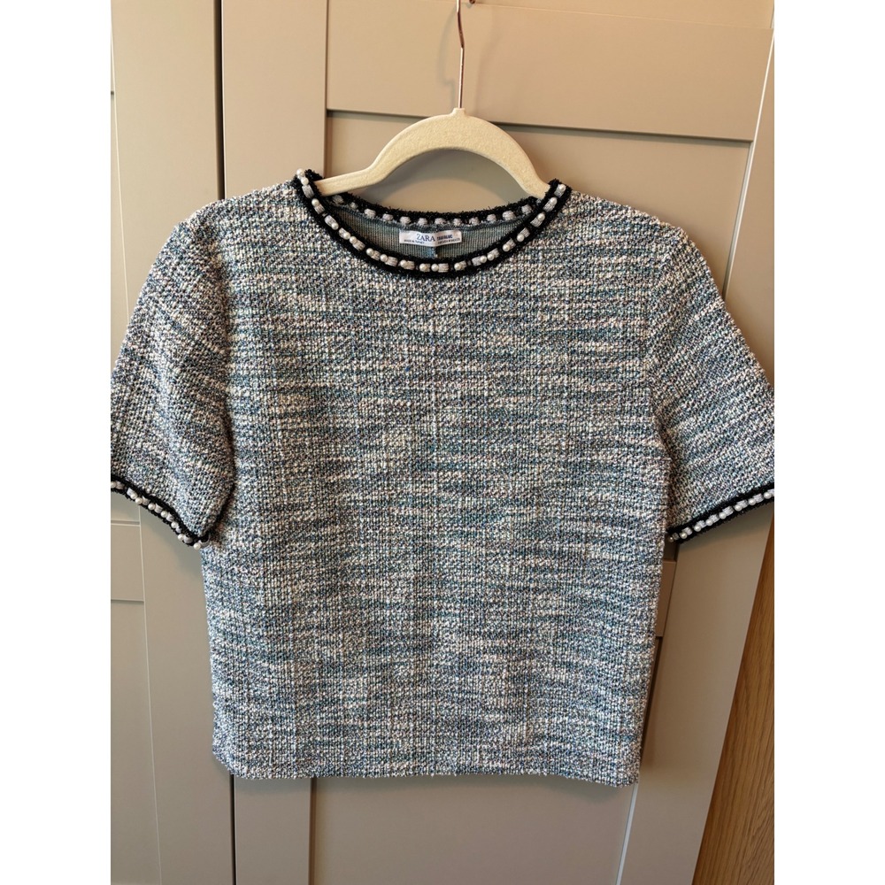 Zara Trafaluc Womens Blue Multi Tweed Faux Pearl Trim Short Sleeve Top Size M